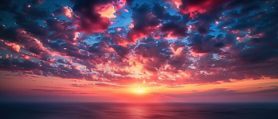 Fototapeta premium Stunning sunset over the ocean with vibrant clouds and a picturesque sky, creating a serene and captivating scene. Perfect for nature lovers.