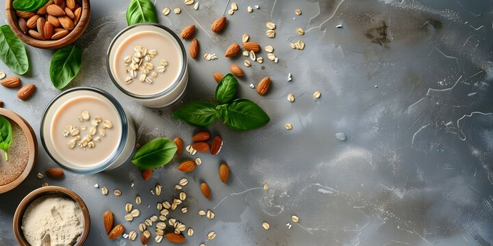 Plant-Based Milk Alternatives Almond, Soy, and Oat Milk Provide Protein. Concept Plant-Based Milk, Almond Milk, Soy Milk, Oat Milk, Protein Sources