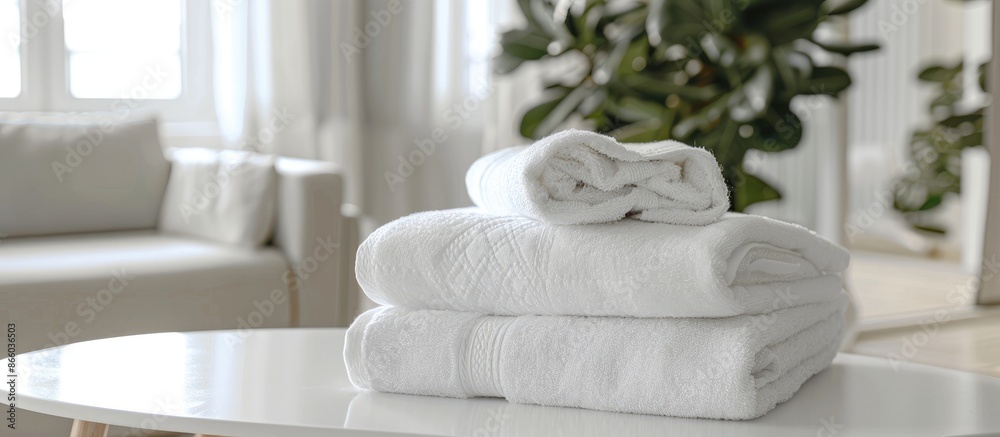 Poster neatly arranged white towels on a white table against a blurred living room backdrop, ideal for disp