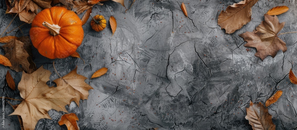 Poster a thanksgiving-themed flat lay arrangement featuring dry leaves and a pumpkin on a gray stone backdr