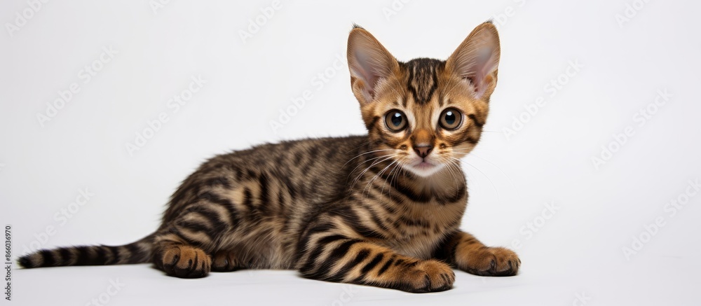 Poster a small bengal kitten with dark fur rests on a white backdrop, providing room for additional content