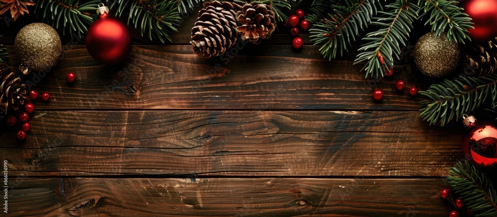 Poster top view of a holiday composition featuring fir tree branches, christmas decorations on a wooden bac