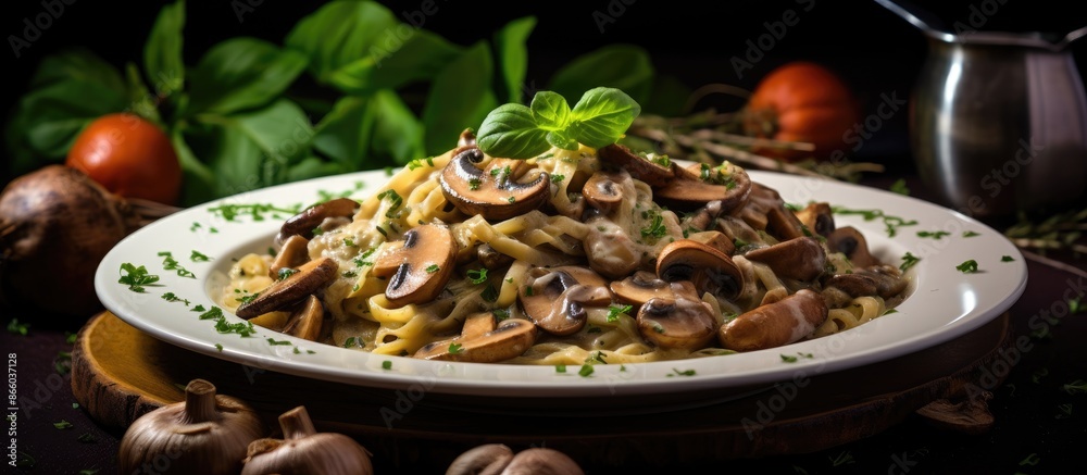 Poster a plate of pasta topped with a rich and velvety mushroom sauce, perfect for any pasta lover, ready t