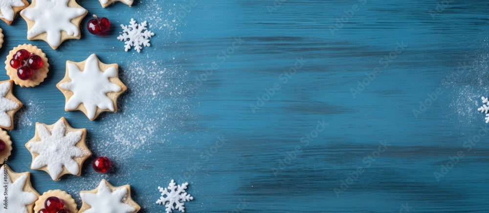 Poster austrian linzer cookies with raspberry filling on blue wooden backdrop. top view shot emphasizing wi