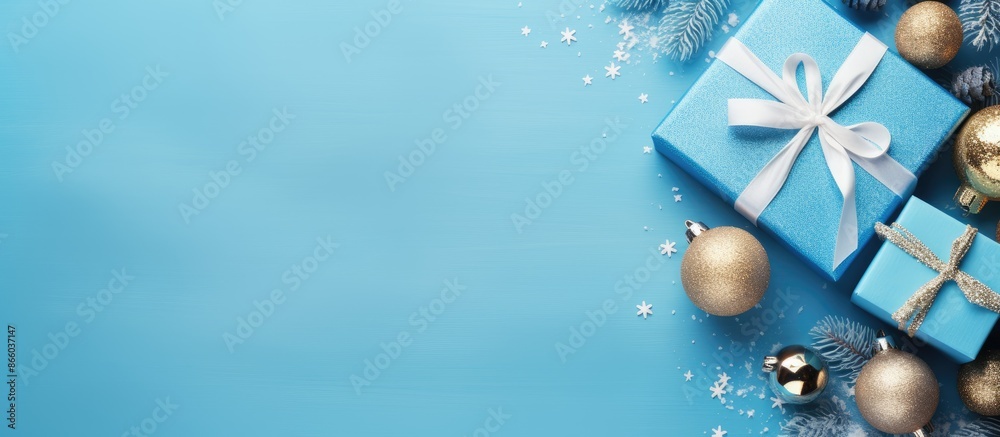 Poster festive christmas scene featuring a blue background adorned with gift box and decorations in a flat 