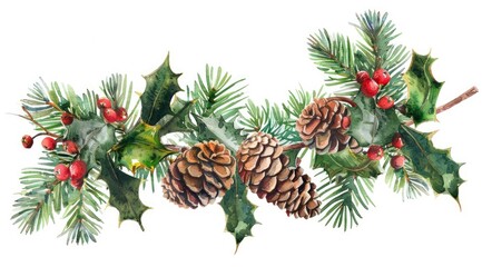 Fototapeta premium Christmas decoration with pine cones and holly leaves, watercolor illustration isolated on white background.