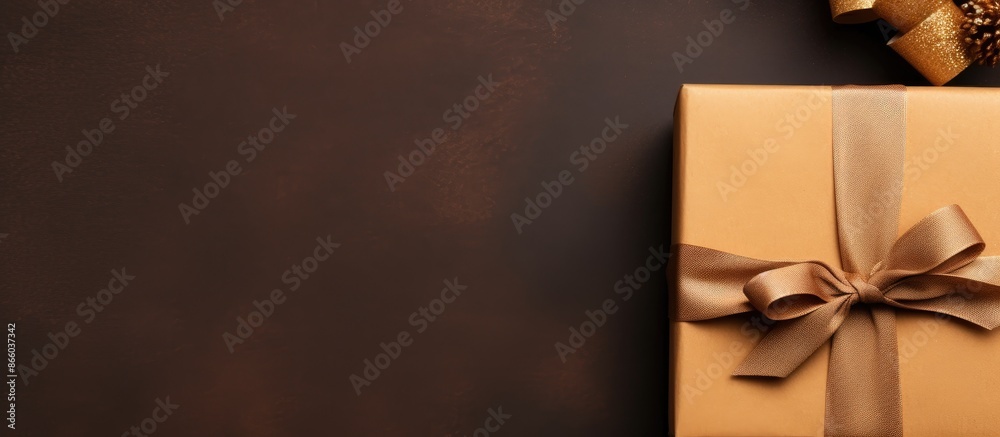 Poster top view flat lay of a gift craft package against a brown craft background provides ample copy space
