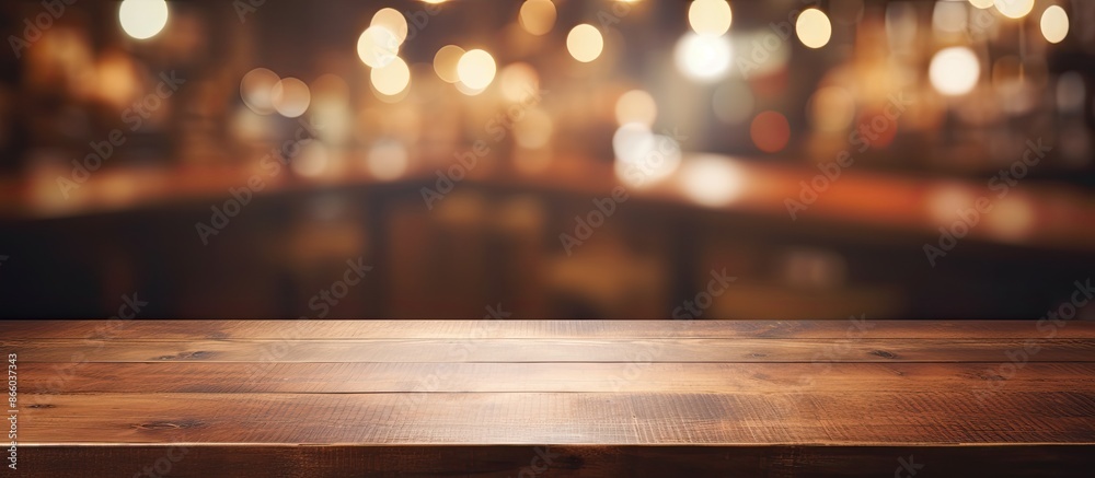 Poster coffee shop or restaurant blurred background with bokeh effect, emphasizing an empty brown wooden ta