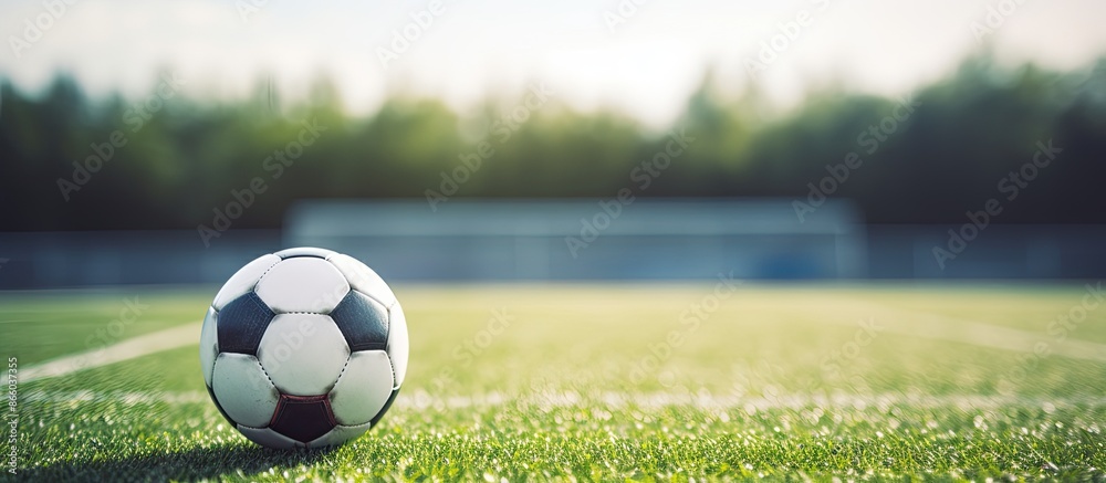 Poster a soccer ball placed on the free kick marking line outdoors in a stadium field with a clear path ahe
