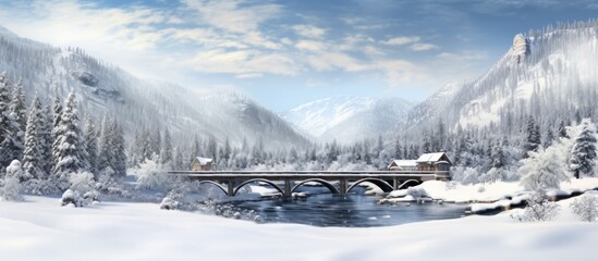 Scenic winter landscape with a bridge over a road featuring homes and evergreen trees against a snowy mountain backdrop, perfect for a copy space image.