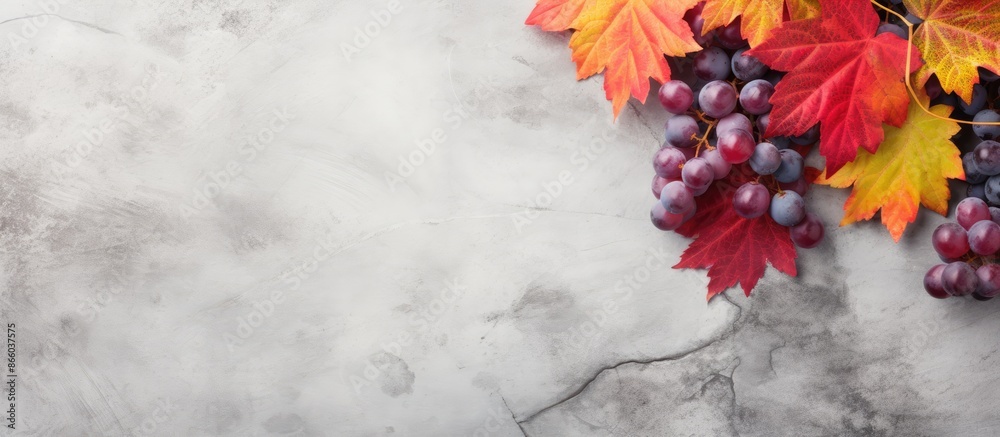Poster Colorful autumn background with fall red grape leaf on the left side of a light gray stone background, providing copy space for your text or design.