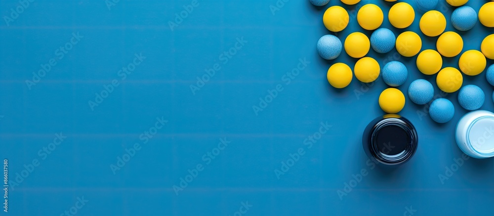 Aufkleber Unique yellow lightbulb stands out among blue bulbs with circle shape on blue background in minimal concept. Top view flat lay with copy space image.