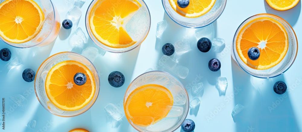 Aufkleber Top-down view of frozen glasses filled with a rejuvenating beverage made with natural ice, blueberries, and orange slices against a bright backdrop, allowing room for additional content in the image.