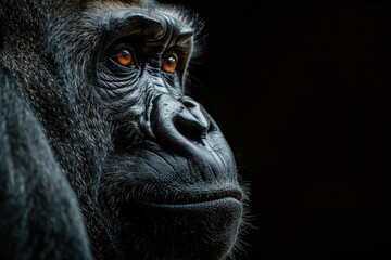 Obraz premium Close-up portrait of a gorilla against dark backdrop.