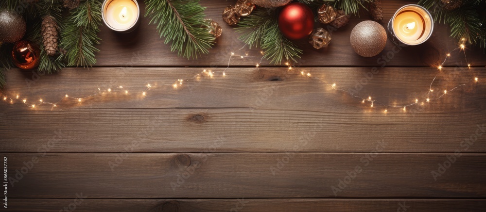 Poster top view of a festive christmas table arrangement featuring candles, a gift box, and a snowy fir tre