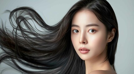 Beauty portrait of a Korean girl showing off her beautiful, long and shiny