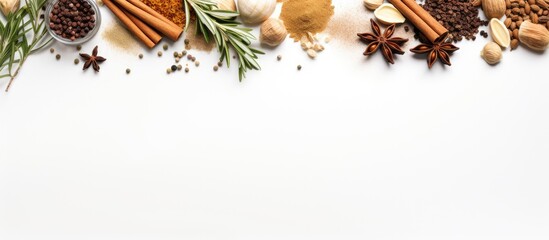 Top view of dry spices like ginger, garlic, rosemary, and bay leaves on a white background with ample copy space image. © vxnaghiyev