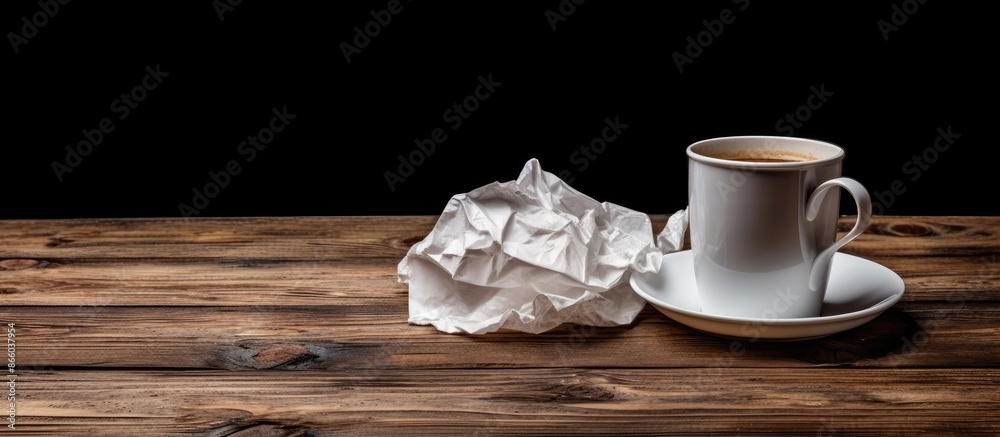 Poster Crumpled paper and a coffee cup on a wooden background create a rustic scene with a designated copy space image.