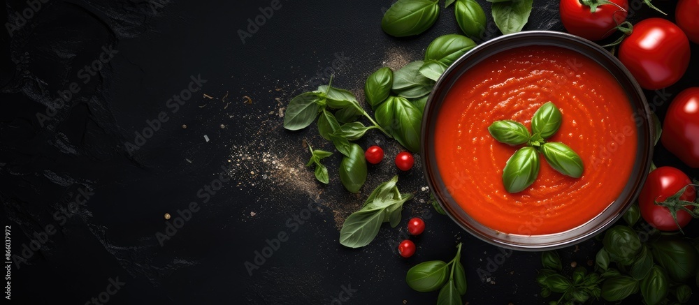 Poster top view of a bowl of tomato soup with basil against a dark background, providing ample copy space i