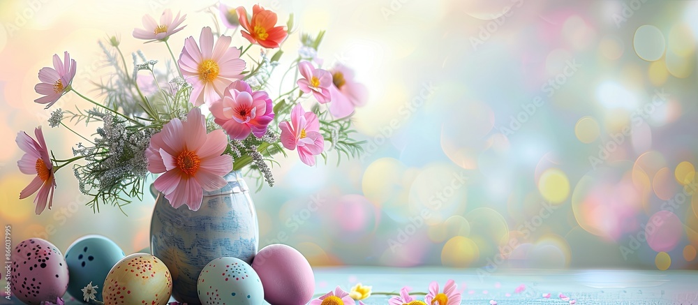 Aufkleber an easter-themed background featuring spring flowers in a vase and easter eggs on a light backdrop, 