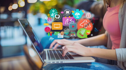 Women sitting Laptop working Digital Marketing Social media marketing Online Content Marketing Online E-commerce isolated white background