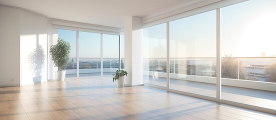 Obraz premium Modern apartment interior with white walls, laminated floor, and large glass doors, providing ample copy space image.