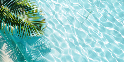 Water and sand surface with tropical palm leaves shadow. Green palm leaf shadow on white sand beach of an ocean shore. Tropical background for summer vacation at the beach. Calm sea, perfect vacation