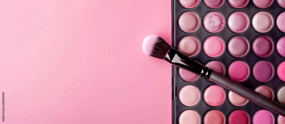 Poster A professional makeup brush applying pink eyeshadows from a palette displayed in a close-up image of makeup tools with a long banner for copy space.