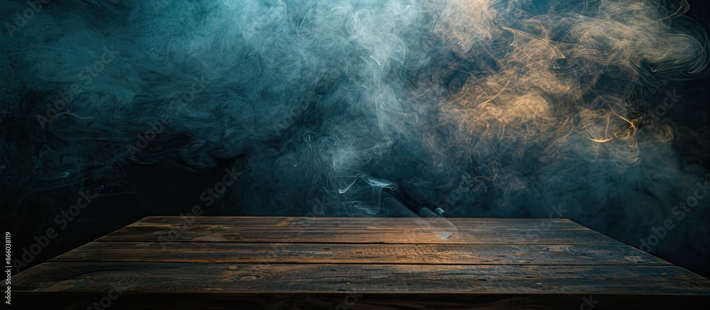 Poster A dark backdrop highlights an unoccupied wooden table as smoke rises, providing a blank canvas to showcase items in the copy space image.