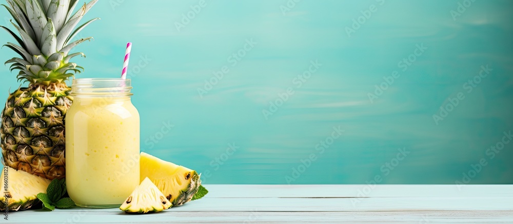 Poster pineapple smoothie in a bottle surrounded by mint and fruits on a light blue wooden table with space