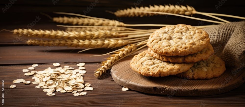 Leinwandbilder Oat cookies displayed on a rustic wooden table with a blank space for adding an image. with copy space image. Place for adding text or design