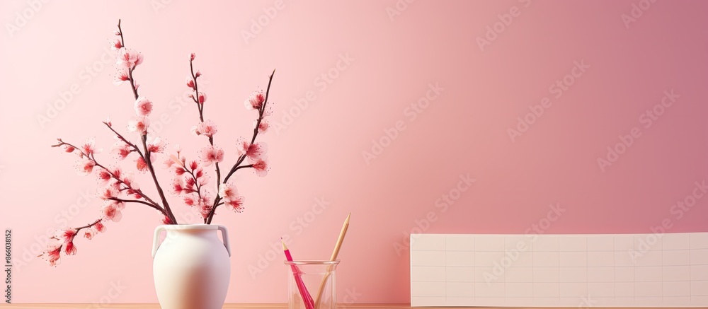 Poster a blank calendar mockup with copy space image sits on the table against a pink backdrop.