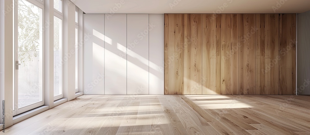 Poster interior of spacious empty living room with whitewash walls laminated floor with white doors and woo