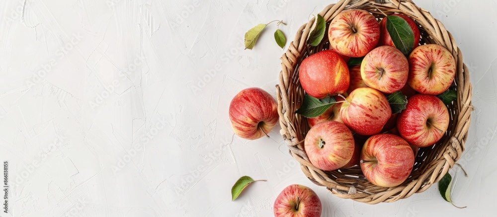 Poster view from above of a wicker basket filled with ripe apples on a white background, providing ample co