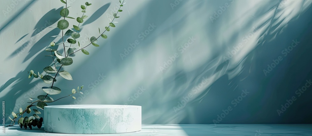 Poster a premium podium with eucalyptus shadows on a blue wall provides a minimal abstract background for s