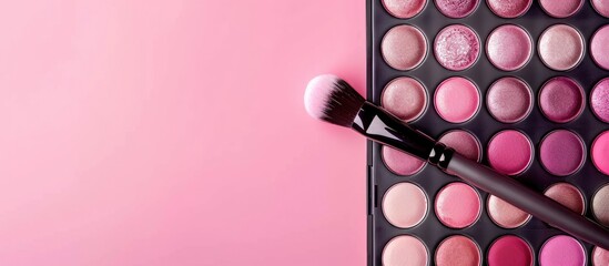 A professional makeup brush applying pink eyeshadows from a palette displayed in a close-up image of makeup tools with a long banner for copy space.