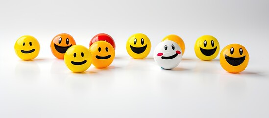 Obraz premium Various smiles and emojis representing diverse feedback (positive, neutral, negative) displayed top-down on a white background providing copy space image.