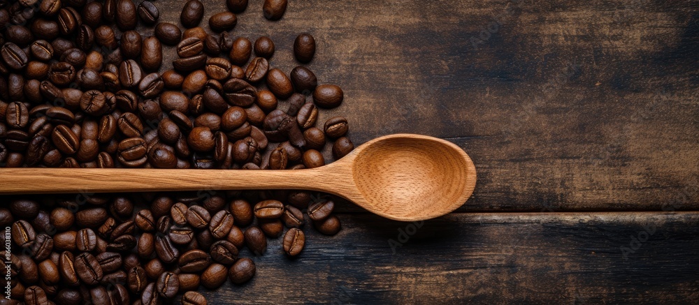 Poster wooden spoon placed next to a coffee bean with a rustic background, creating an ideal copy space ima