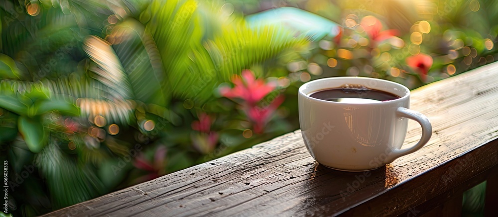 Poster coffee placed in a white cup with a black color palette on a wooden balcony, illustrating a relaxing