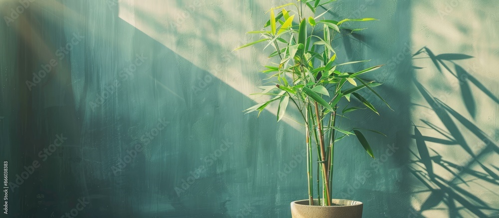 Poster potted bamboo plant in room, closeup. with copy space image. place for adding text or design