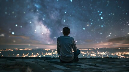 Fototapeta premium Solitary figure gazing at the starry night sky from a rooftop overlook