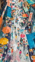 Naklejka premium 23 Busy market street with anime murals vibrant colors bustling crowd midday aerial view