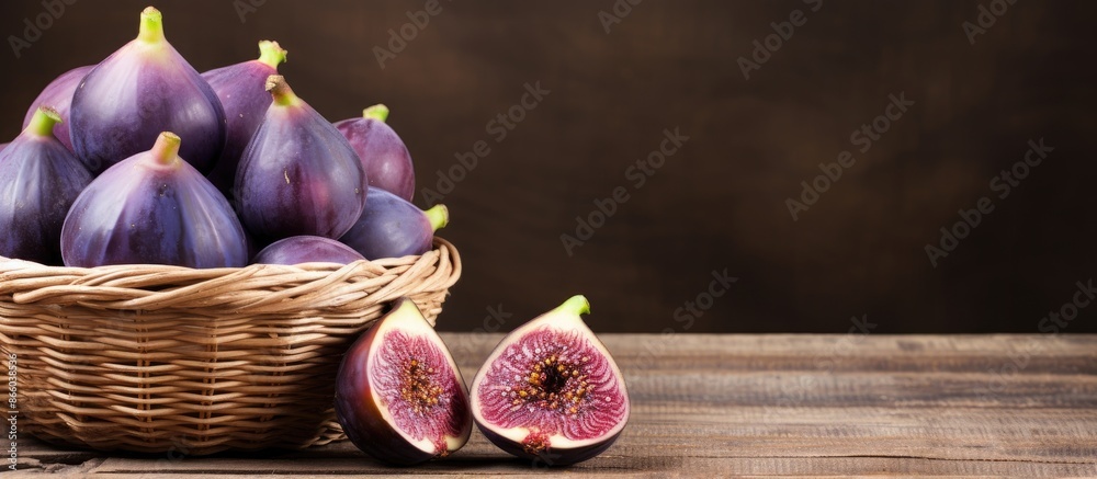 Aufkleber A fresh organic purple eggplant in a wicker basket against a wooden backdrop with space for text or images. with copy space image. Place for adding text or design