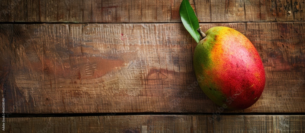 Leinwandbilder from a top-down perspective, a ripe mango is displayed on a wooden surface, providing a backdrop wit