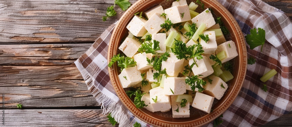 Aufkleber Tofu soy cheese or paneer or feta cheese cubes adding fresh parsley and celery in a ceramic bowl on a checkered napkin isolated top view. with copy space image. Place for adding text or design