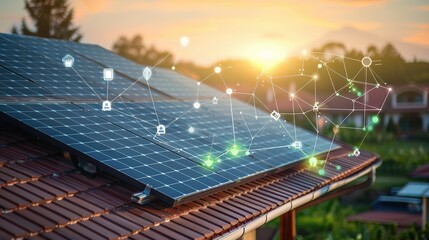 Solar panel on a house roof at sunset with overlay technology icons representing smart energy management and renewable resources.