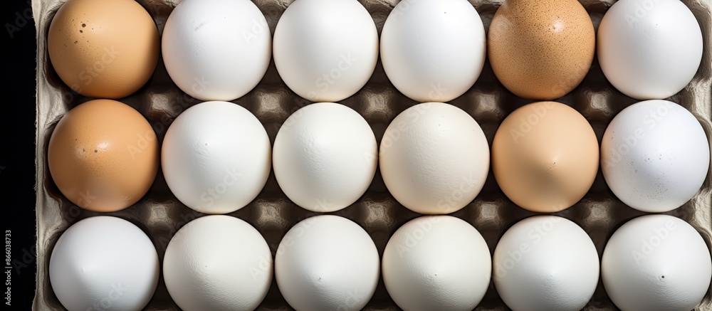 Fototapete top view of white chicken eggs displayed in black cardboard boxes on a white background with ample c