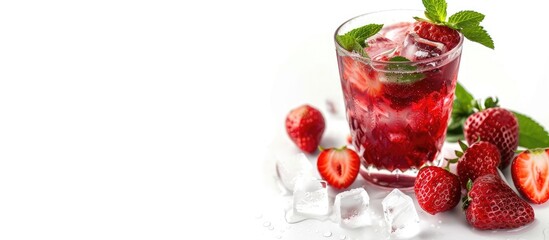 Glass containing a strawberry cocktail on a white isolated background with ample copy space image.