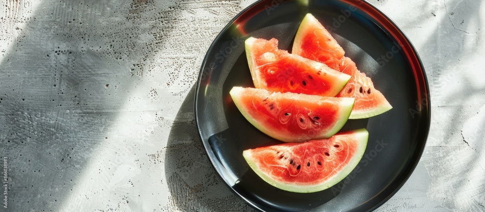 Aufkleber a black plate holds watermelon slices on a concrete backdrop with sunlight shadows, providing copy s