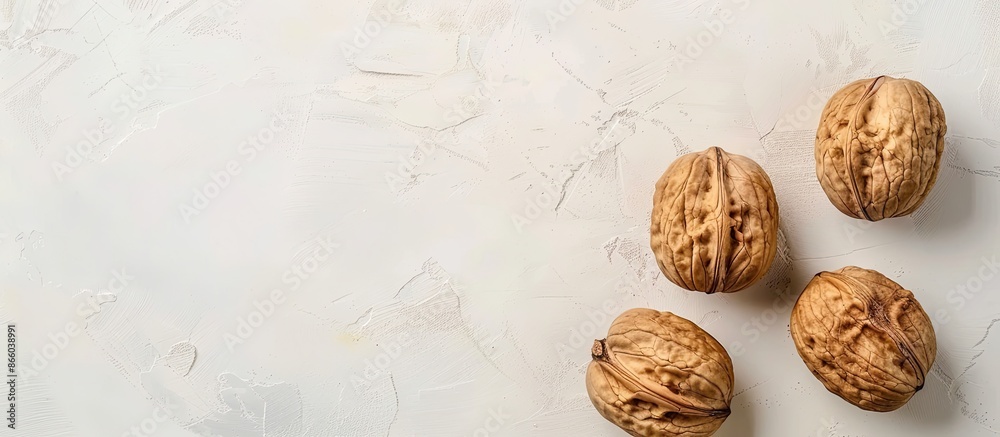Poster round solid walnuts. lie on a white table. pastel background. with copy space image. place for addin
